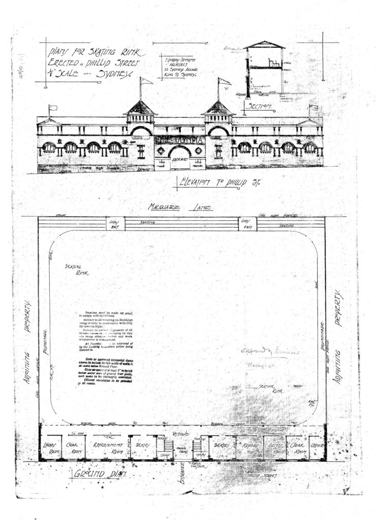 Architectural drawings for a roller skating rink on Phillips Street in the Sydney CBD.