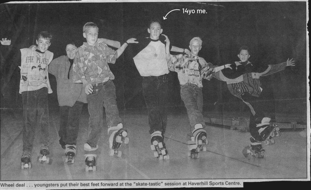 Newspaper clipping of a group of 6 kids Including Ross King SKTNG founder enjoying Roller Skating circa 1991